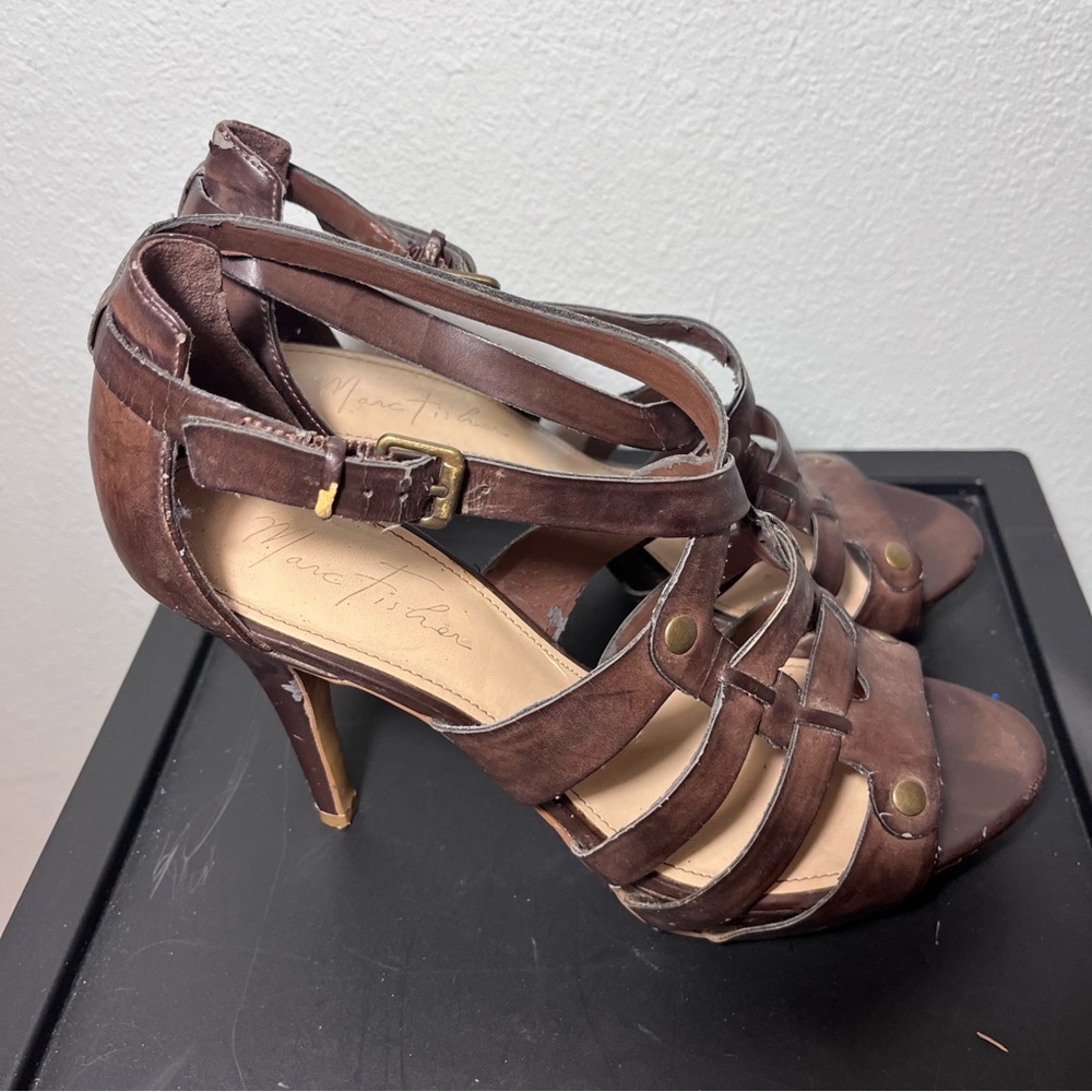 Marc Fisher Brown Leather Gladiator Platform Heels Straps Cage Sandals size 8.5 - Picture 9 of 13